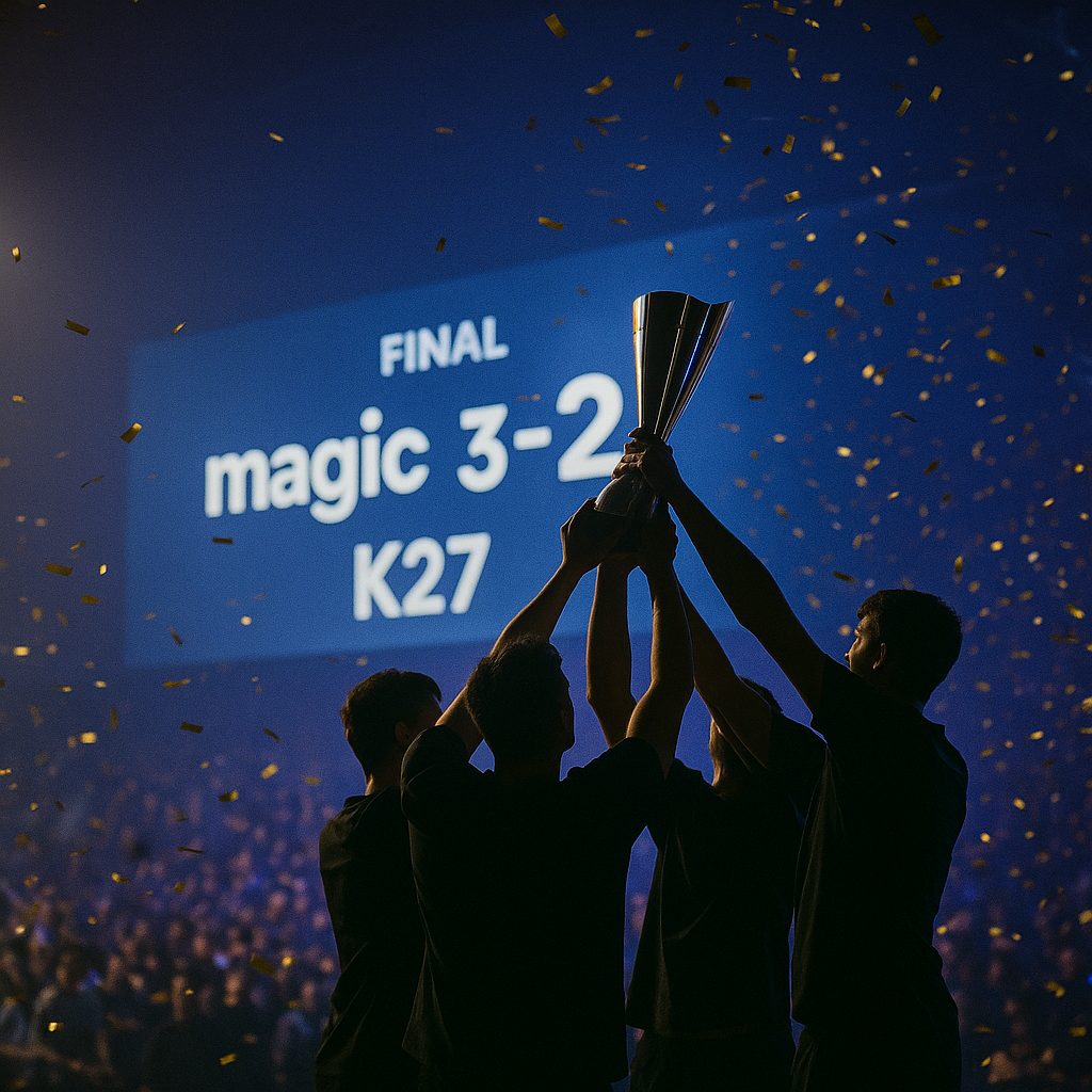 Esports arena photo: magic defeat K27 3–2 in a European BO5 final, trophy lifted